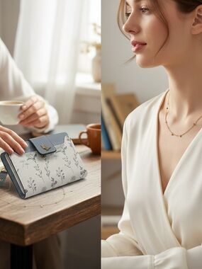 Floral Print Compact Wallet with Gold Necklace Card Holder Zip Coin Purse